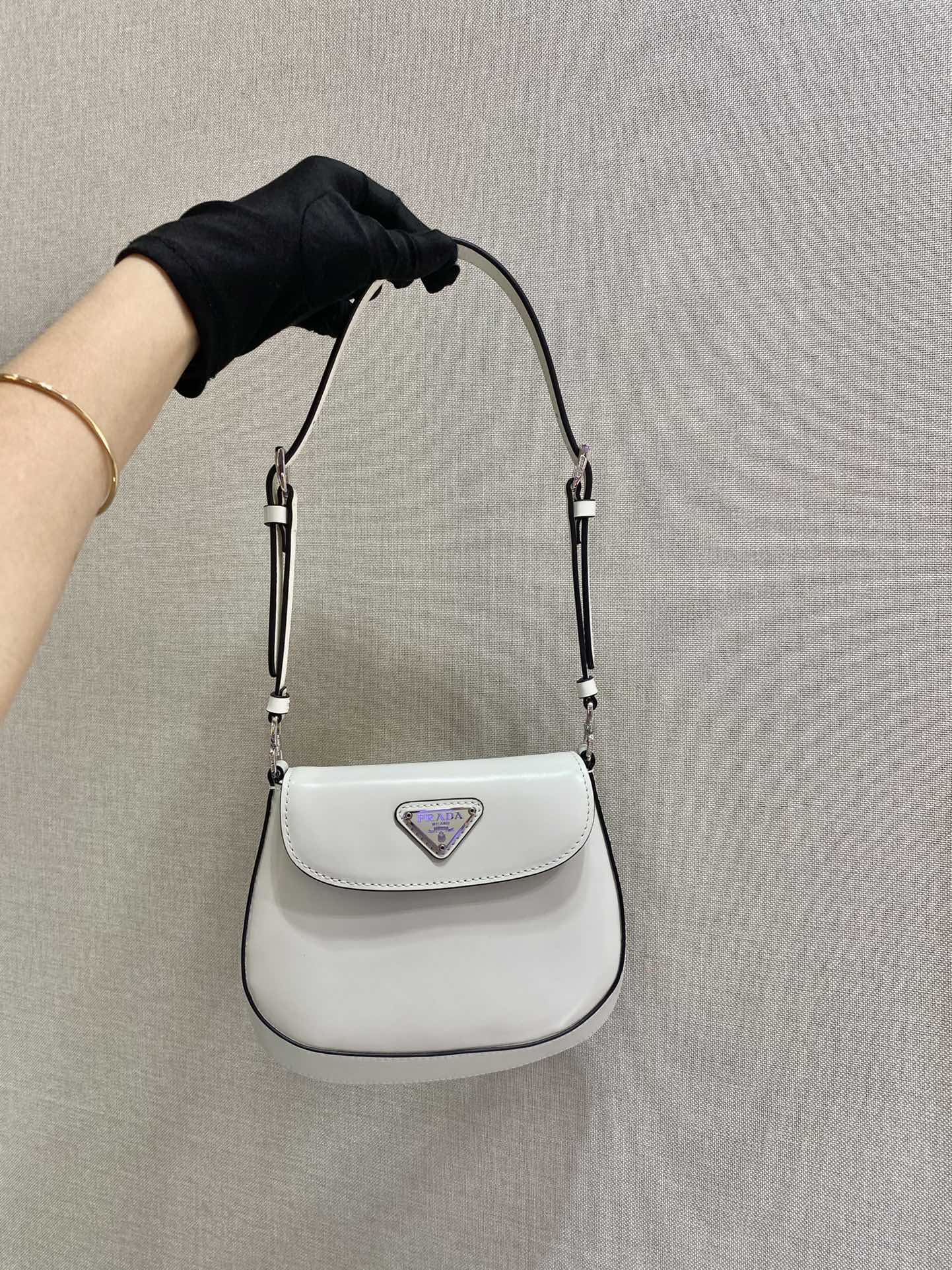 Prada Cleo Brushed Leather Shoulder Bag With Flap White 1BH188